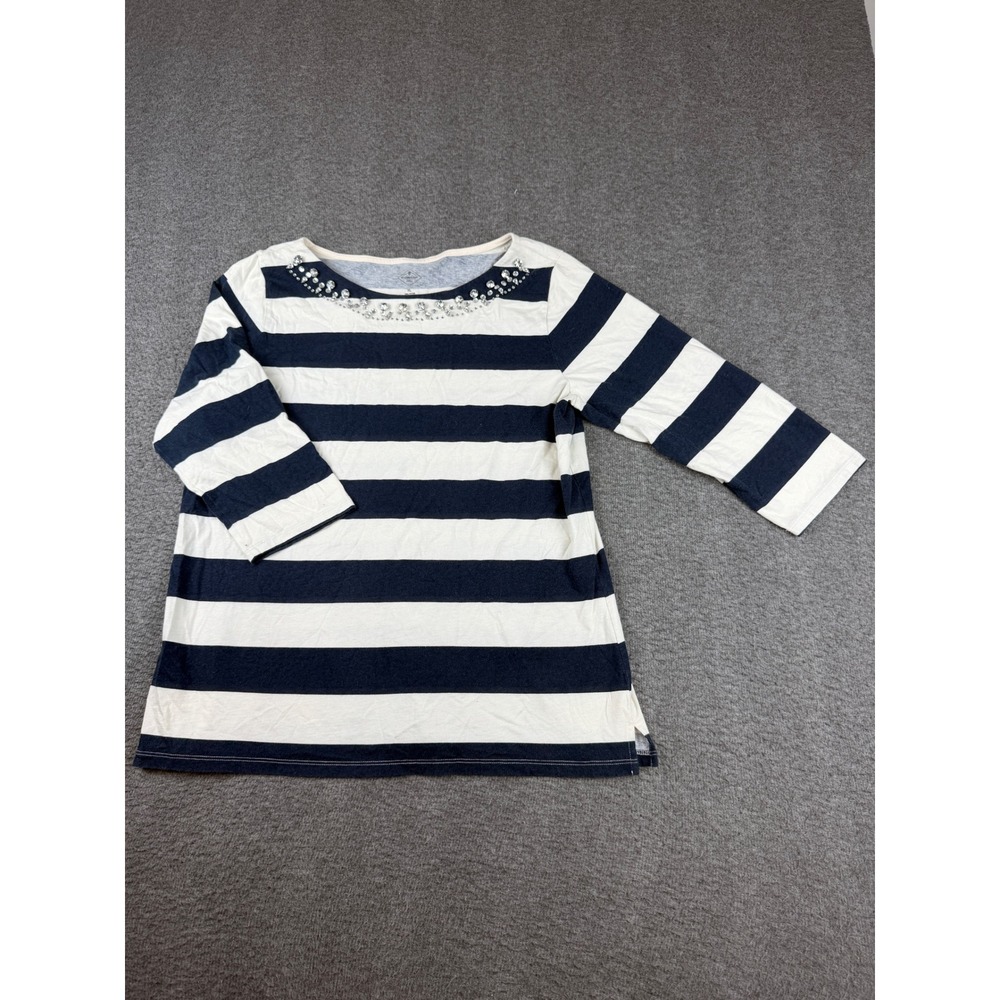 St. John's Bay Embellished Stripe Top Women's XL Navy White 3/4 Sleeve Cotton